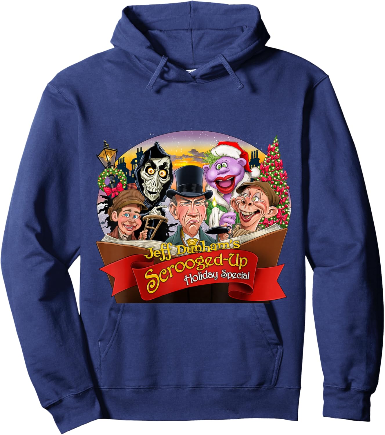 Jeff Dunham 2024 Holiday - Black, -Adults/Kids, Short Sleeve, Cartoon Holiday Character, Classic Fit, Polyester 100% Cotton Blend, Size Small Hoodie - Hoodie | Navy