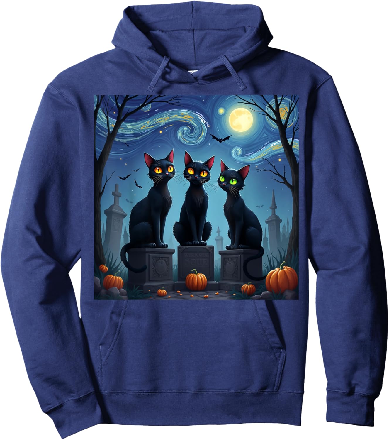 Black Cat Halloween Cat Lovers Starry Night Cat Van Gogh men Hoodie - Hoodie | Navy