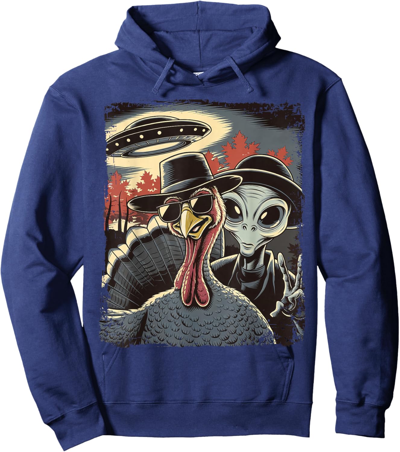 Alien Selfie With Turkey Thanksgiving Funny Photo UFO Hoodie - Hoodie | Navy