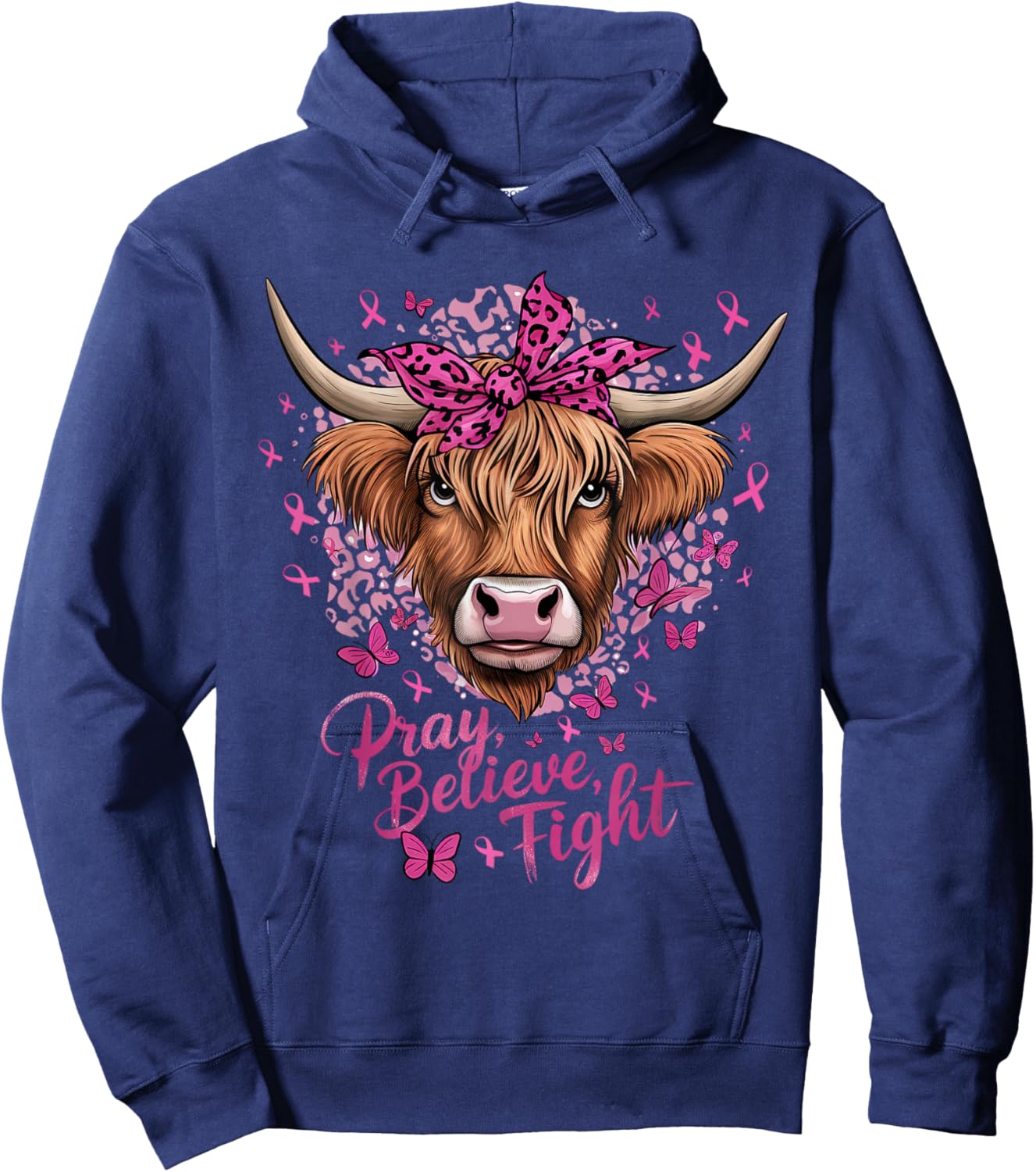 Highland Cow Pink Ribbon Breast Cancer Awareness Hoodie - Hoodie | Navy