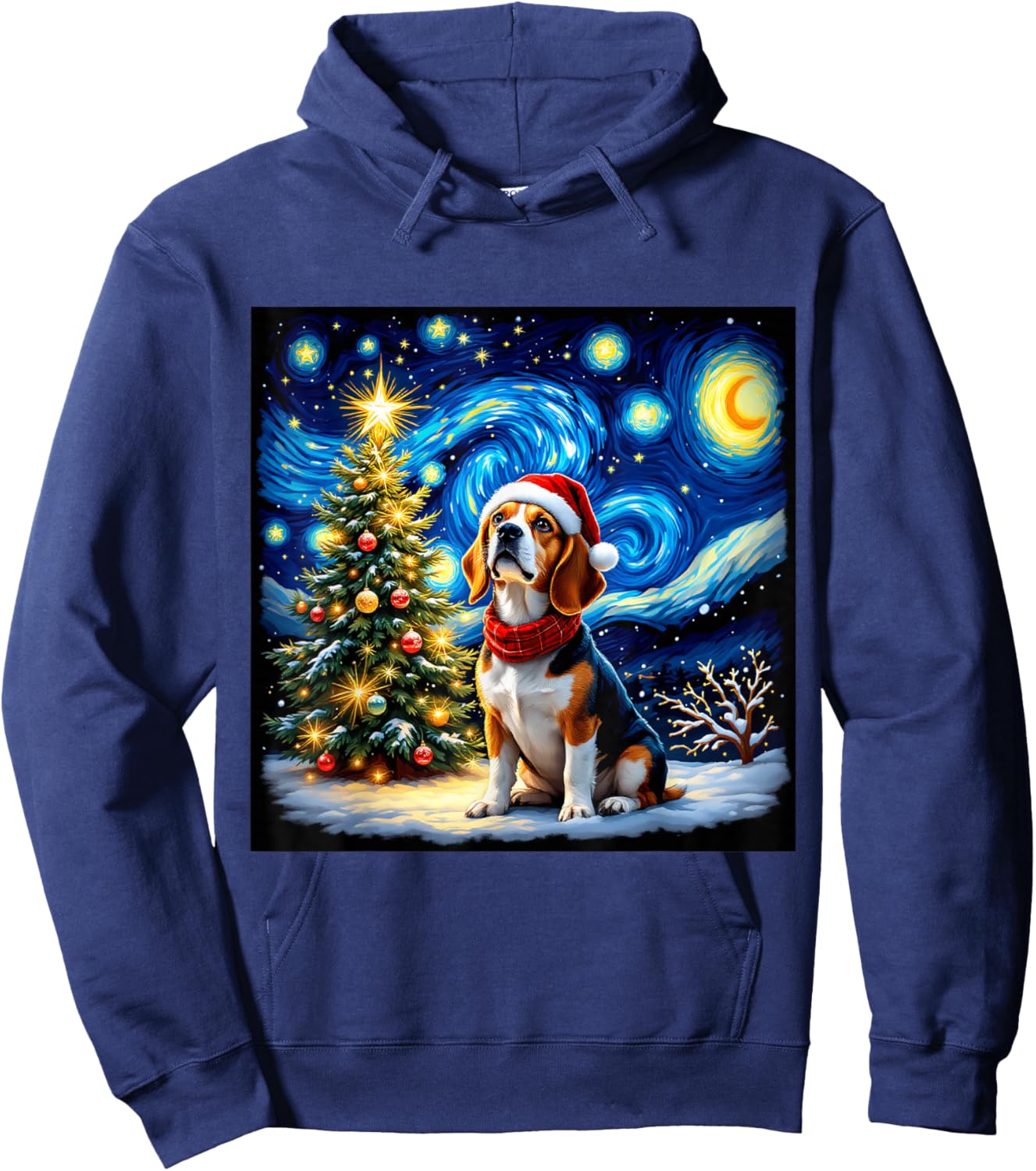 Beagle Starry Night Christmas Van Gogh Dog Santa Hat Holiday Hoodie - Hoodie | Navy
