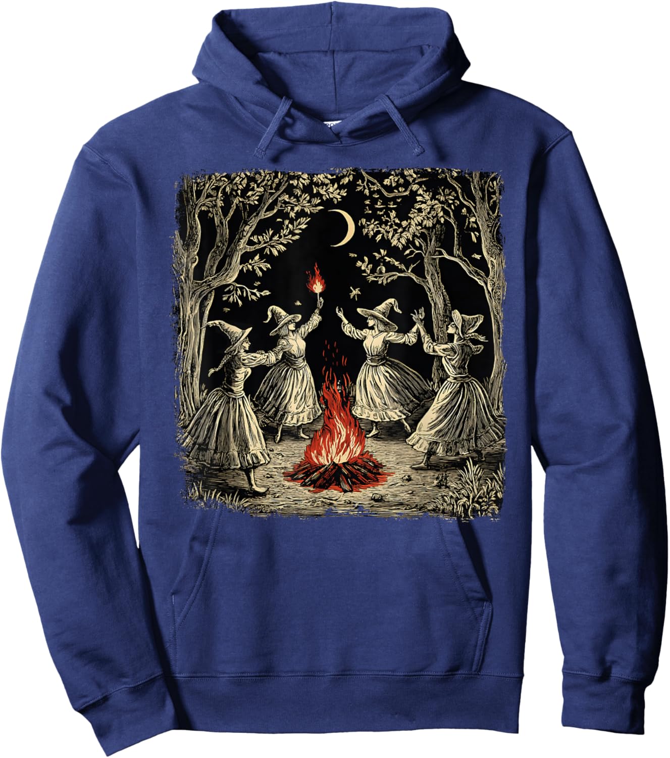 Vintage Witch Coven Dancing Around Bonfire Halloween Witches Hoodie - Hoodie | Navy