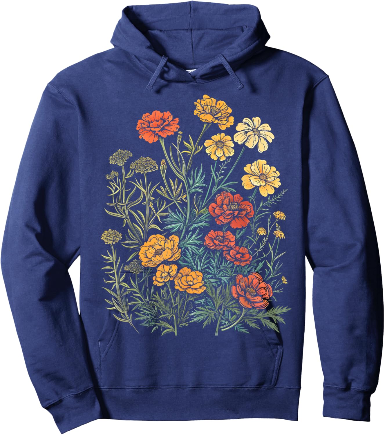 Vintage Botanical Marigold Flower Girl Cute Floral Plant Mom Hoodie - Hoodie | Navy