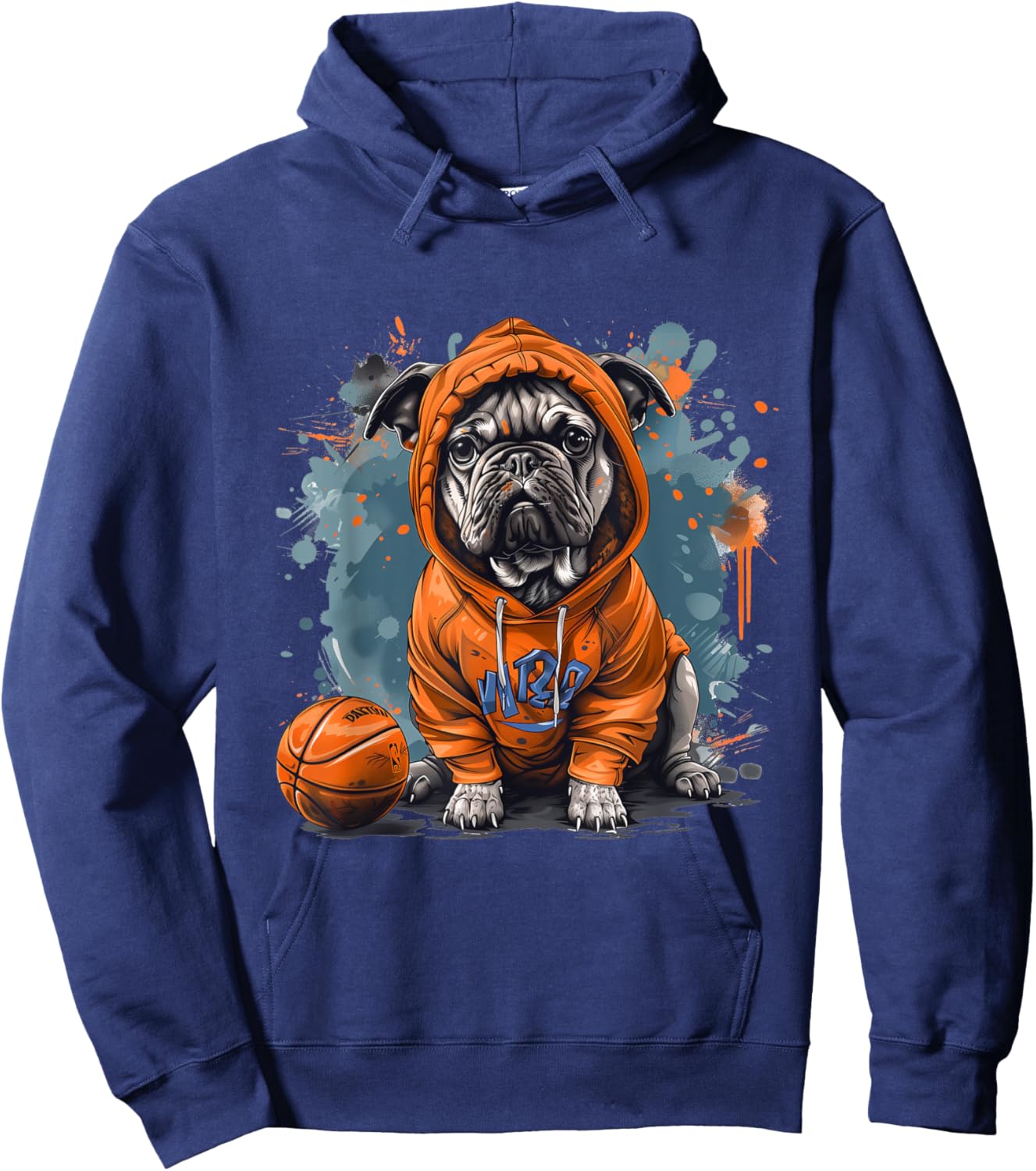 Cute French Bulldog Basketball Cool Dog Sports Orange Blue Hoodie - Hoodie | Navy