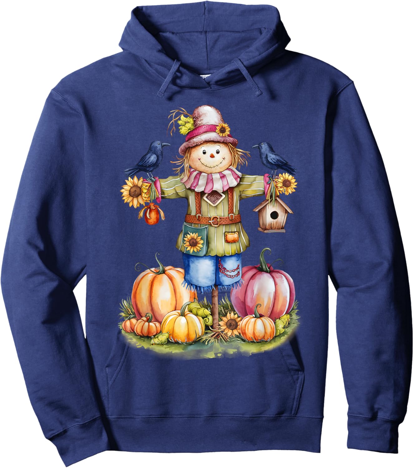 Scarecrow In Pumpkin Garden Hello Fall Autumn Falling Leaves Hoodie - Hoodie | Navy