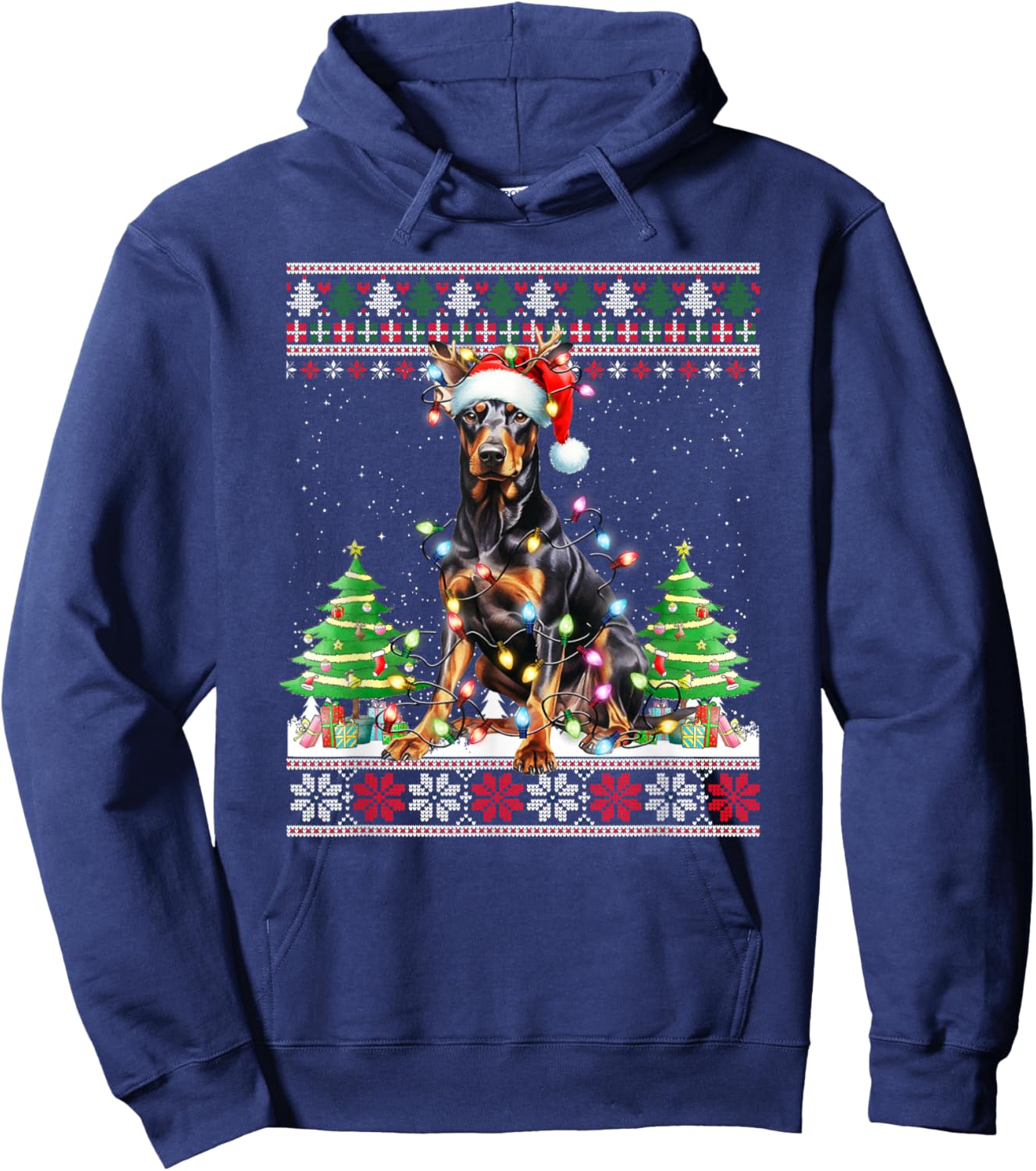 Doberman Dog Reindeer Christmas Lights Hoodie - Hoodie | Navy