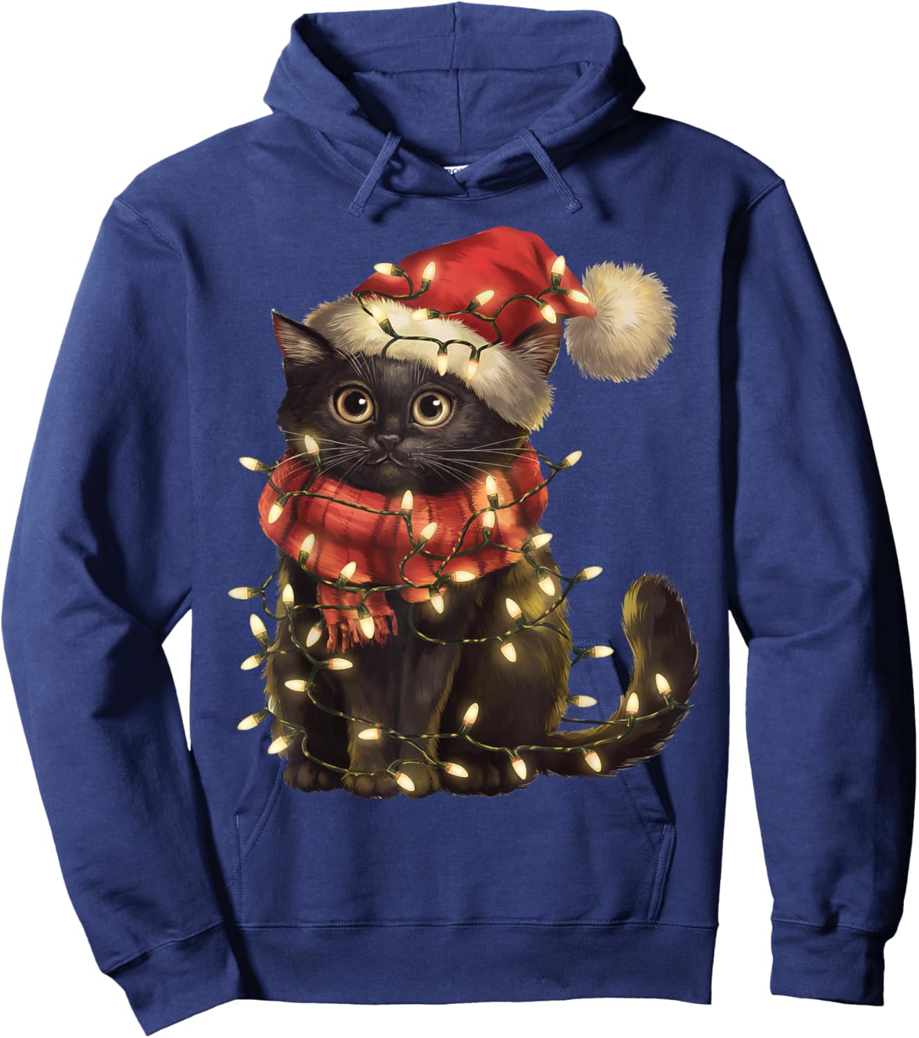Black Cat Christmas Tree Lights Funny Xmas Men Women Family Hoodie - Hoodie | Navy