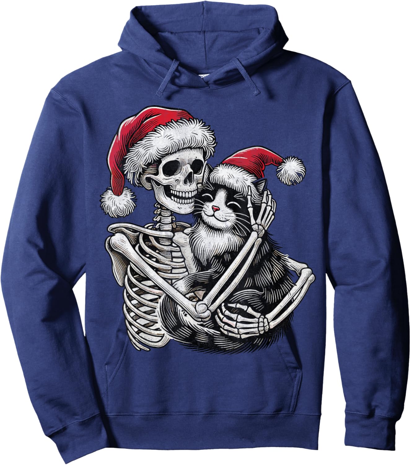 Skeleton Hugging Cat christmas Cat Lover Cat Mom Dad Hoodie - Hoodie | Navy