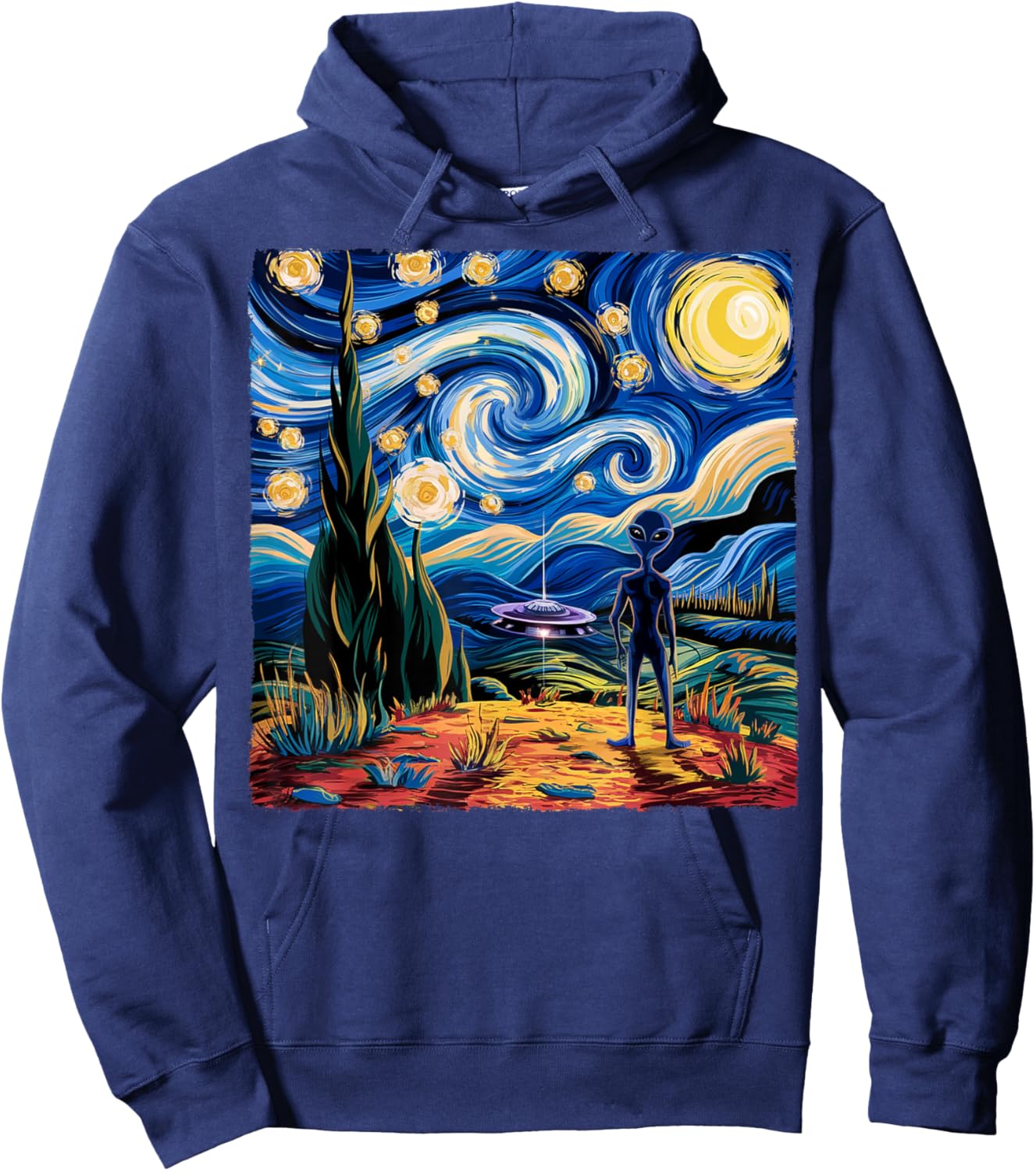 Alien Van Gogh Starry Night UFO Gifts Women Boys Kid Hoodie - Hoodie | Navy