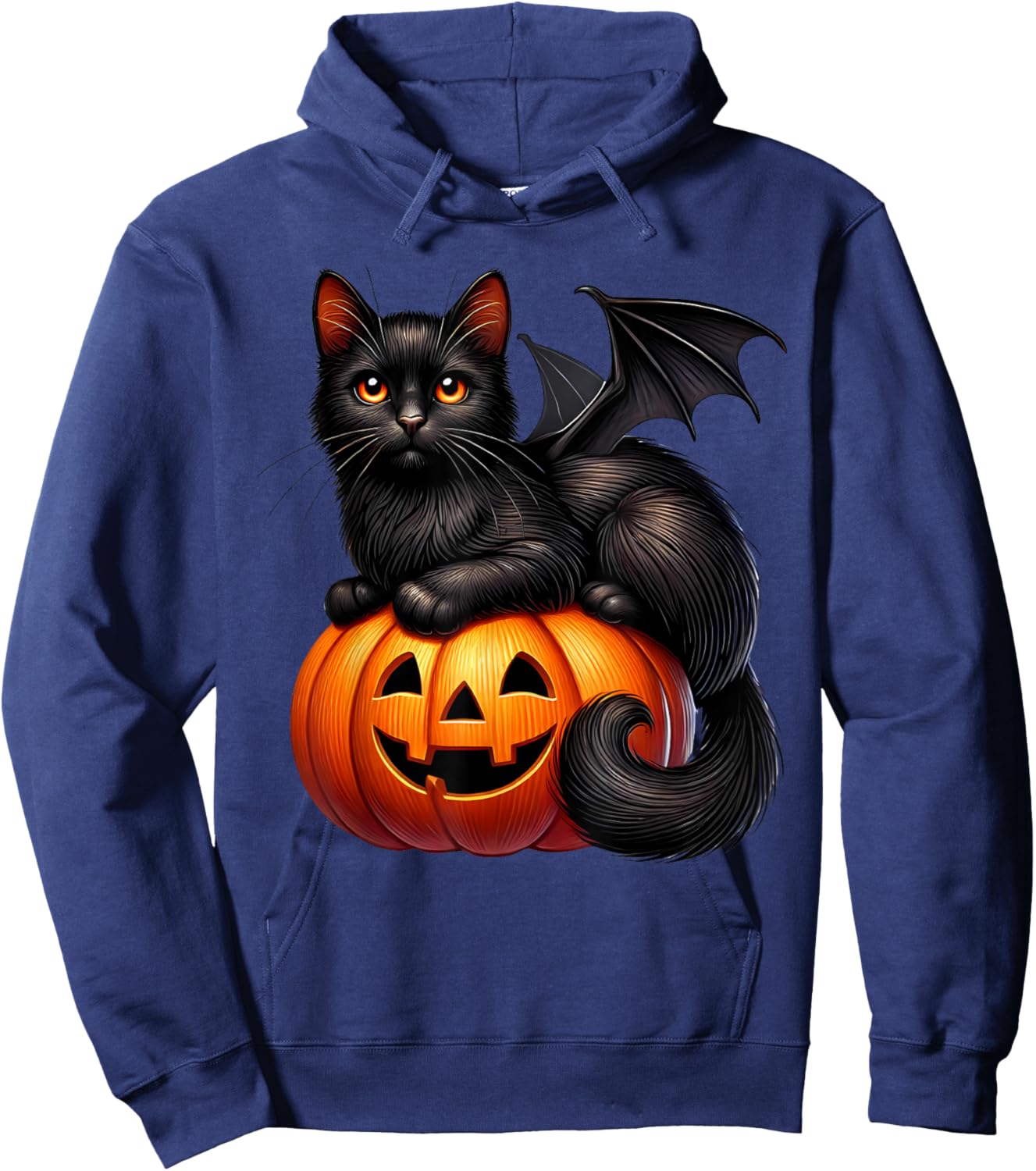 Black Cat With Bat Wings Jack O Lantern Pumpkin Kitty Spooky Women Kids Hoodie - Hoodie | Navy