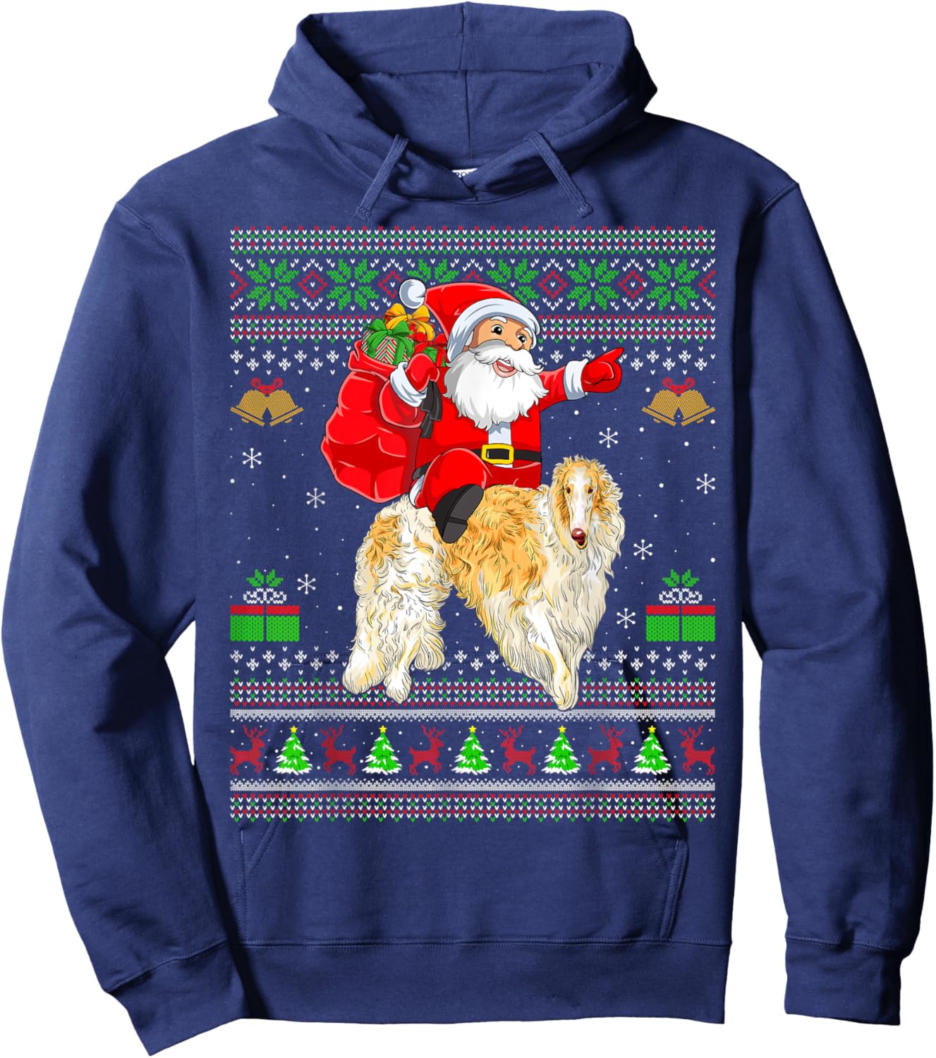 Ugly Xmas Sweater Funny Santa Riding Borzoi Dog Christmas Hoodie - Hoodie | Navy