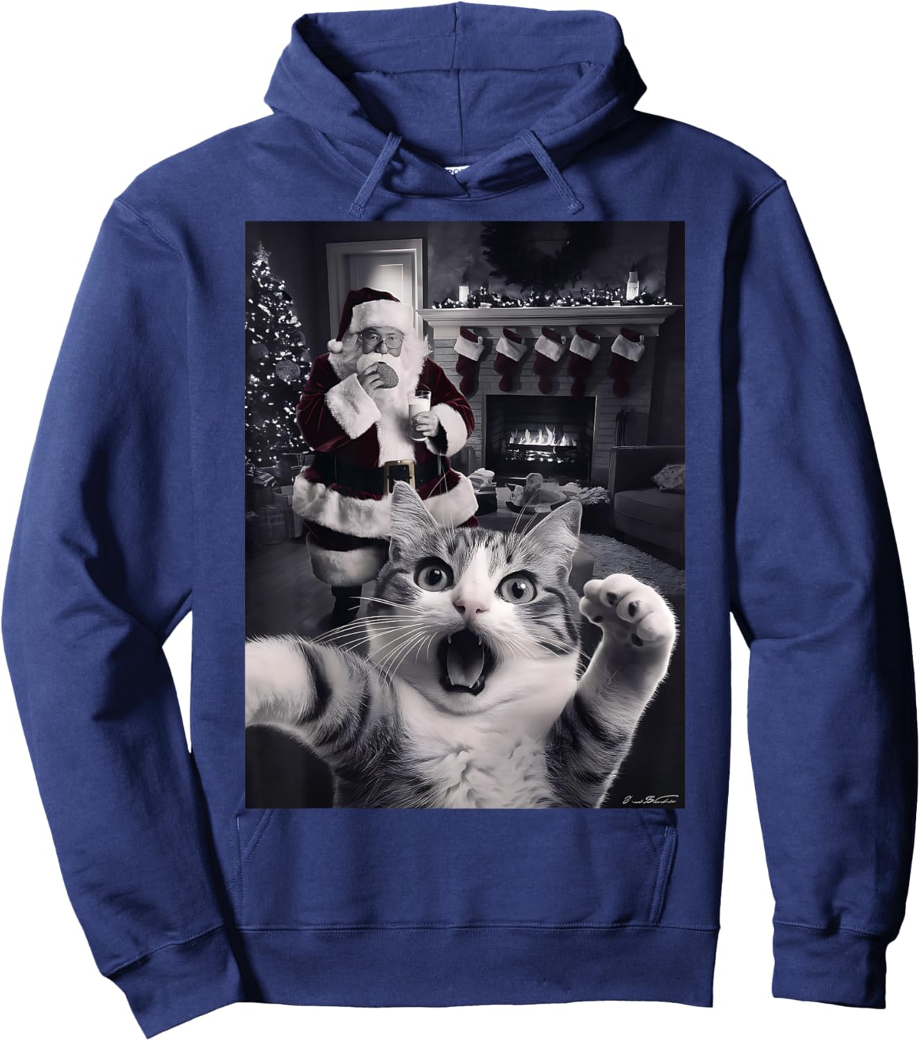 Funny Cat Selfie With Santa Christmas Hoodie - Hoodie | Navy