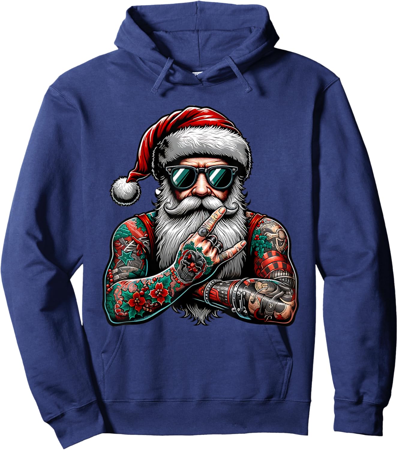 Tattooed Santa Claus inked xmas men & women ugly Christmas Hoodie - Hoodie | Navy