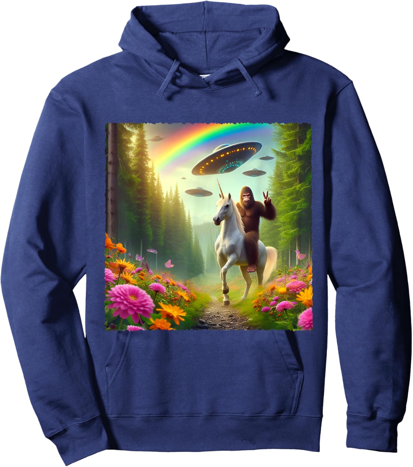 Bigfoot Riding Unicorn Bigfoot Selfie with UFOs Weird Selfie Hoodie - Hoodie | Navy