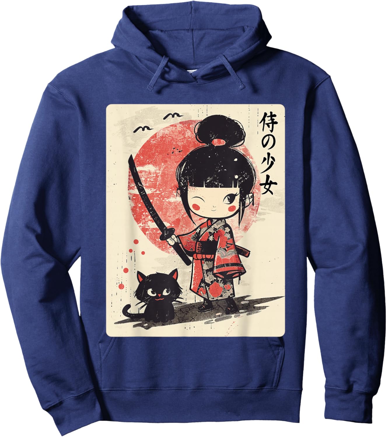 Cute Kawaii Samurai Girl with Katana & Cat Japanese Anime Hoodie - Hoodie | Navy