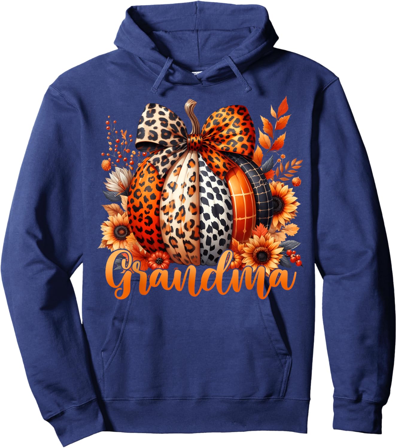 Grandma Thanksgiving Leopard Pumpkin Sunflower Coquette Bow Hoodie - Hoodie | Navy