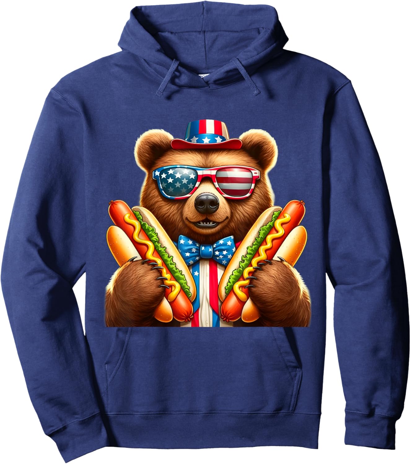 Hotdog Bear Funny Patriotic Bear USA Flag Wiener 4th of july Hoodie - Hoodie | Navy