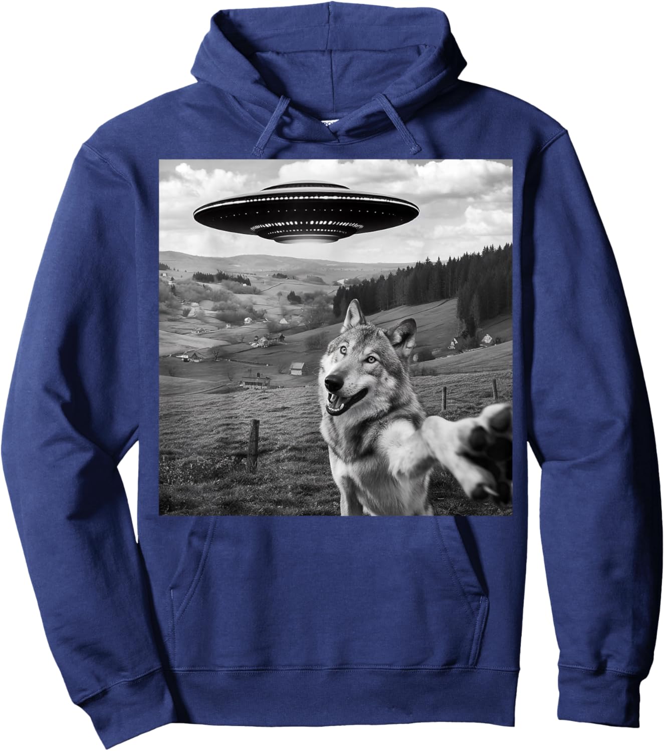 Wolf Selfie With Alien UFO Funny Gifts Women Boy Kid Hoodie - Hoodie | Navy
