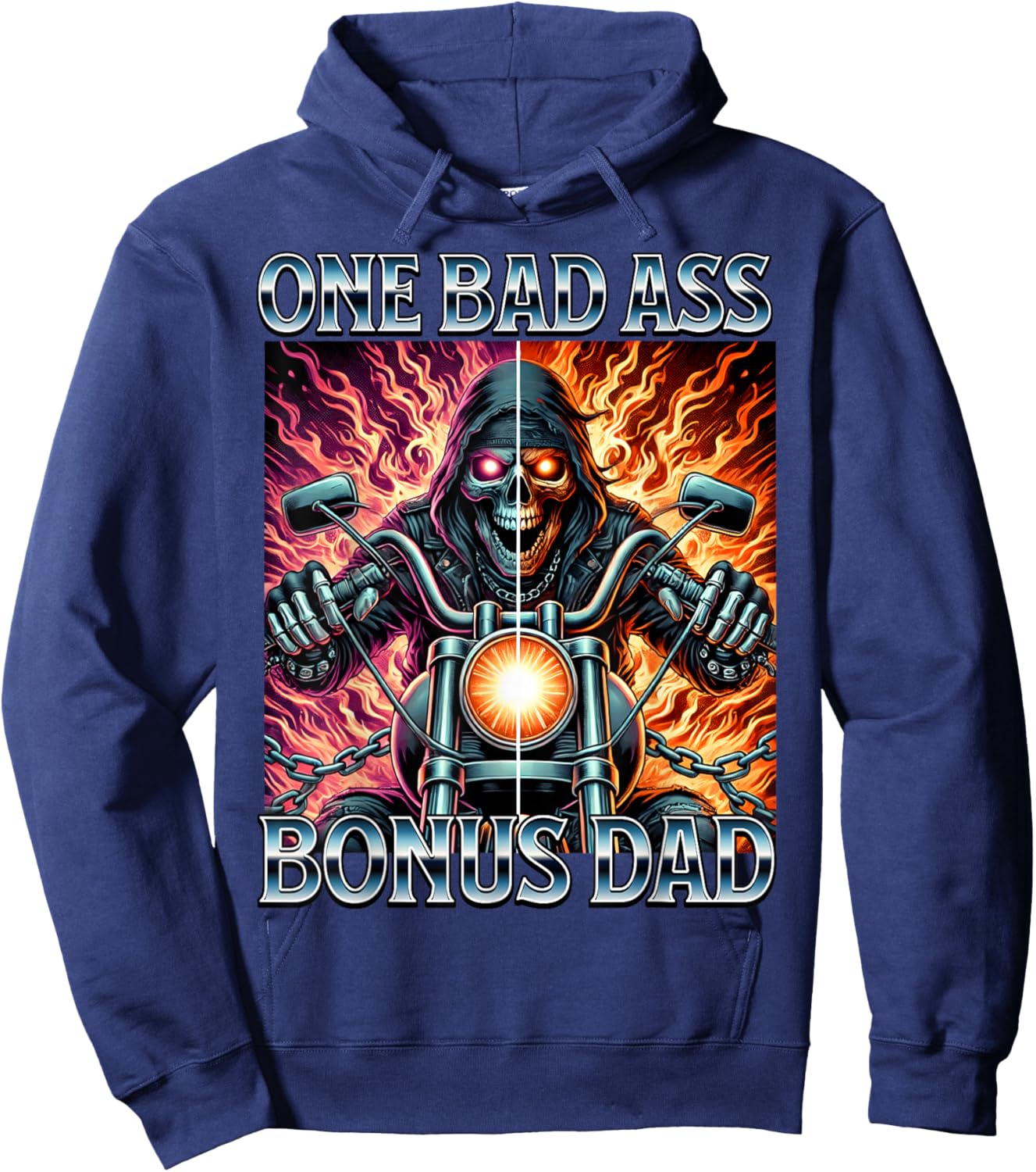 Bad Ass Bonus Dad Skeleton Step Dad Biker Stepdad Motorcycle Hoodie - Hoodie | Navy