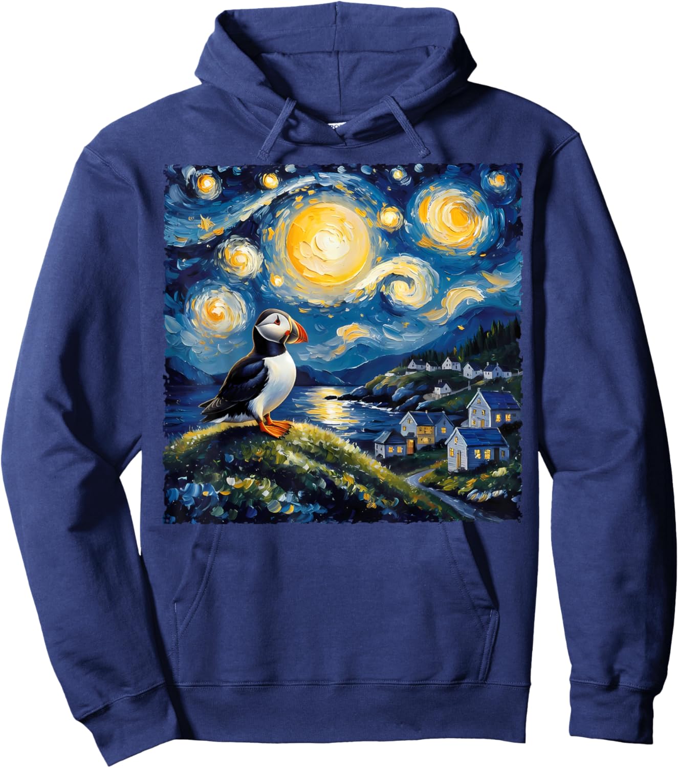 Van Gogh Style Funny Puffin Lover The Starry Night Painting Hoodie - Hoodie | Navy