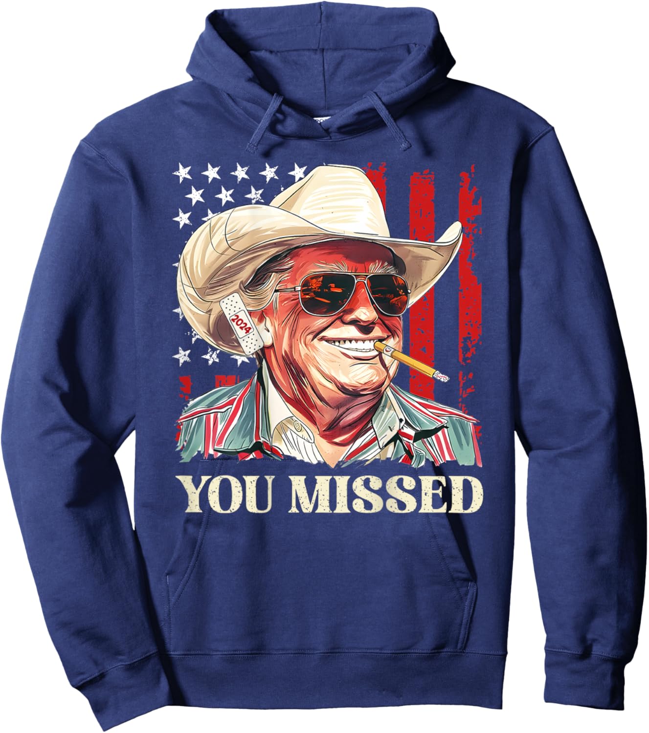 Western Trump Cowboy You Missed Trump 2024 Flag (On Back) Hoodie - Hoodie | Navy