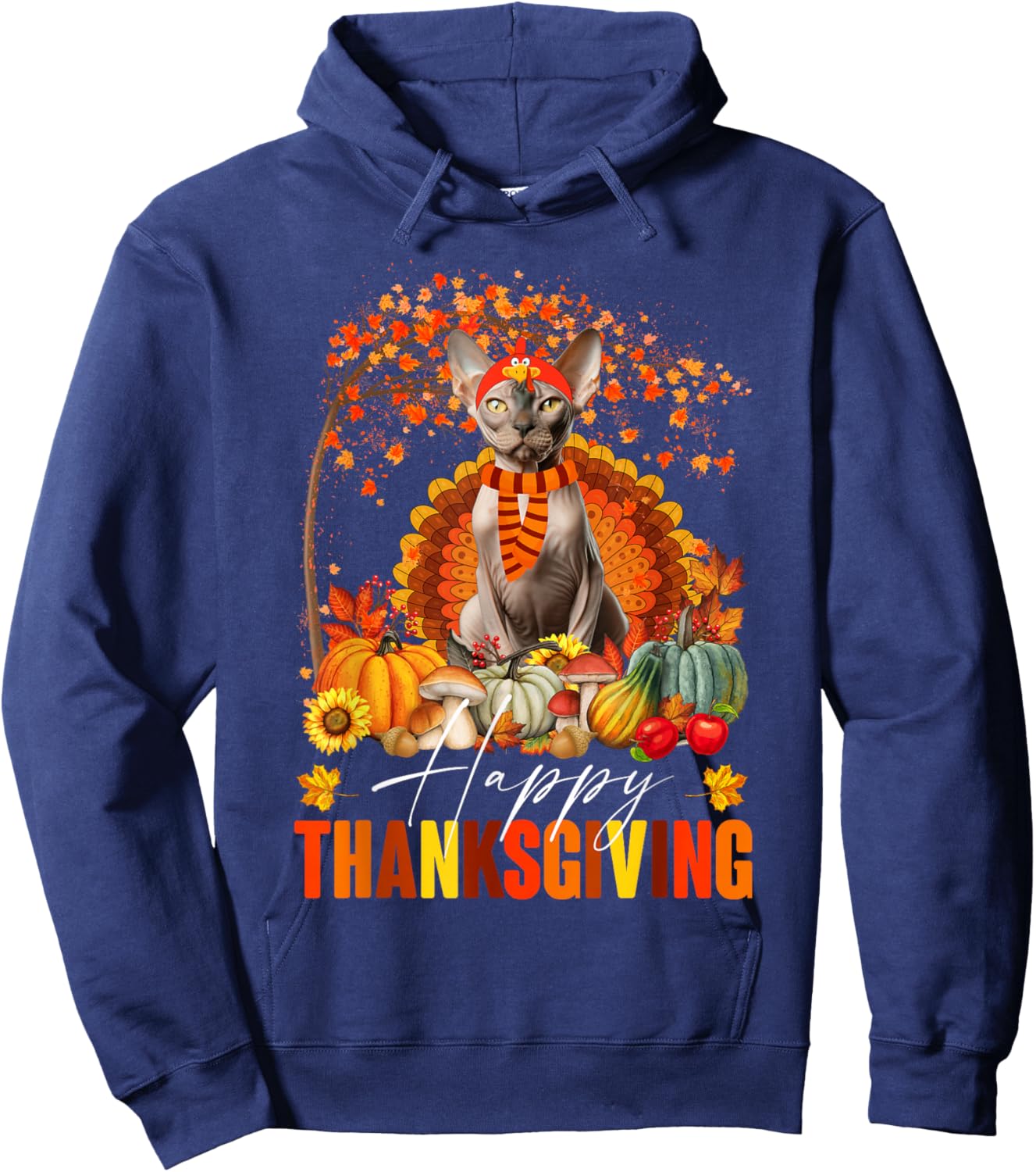 Funny Sphynx Cat In Turkey Costume Happy Thanksgiving Day Hoodie - Hoodie | Navy
