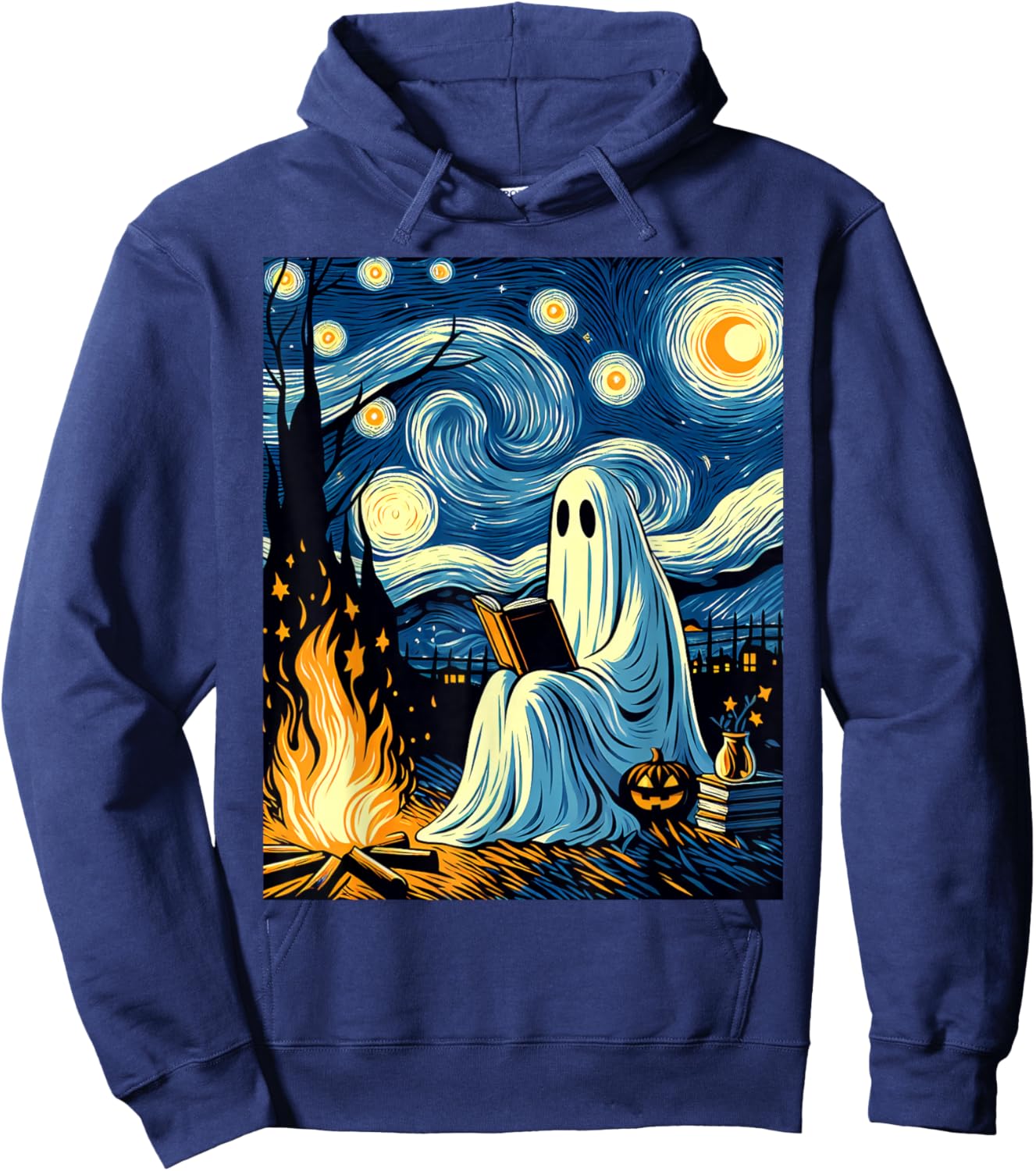 Ghost Book Reading Camping Halloween Van Gogh Starry Night Hoodie - Hoodie | Navy