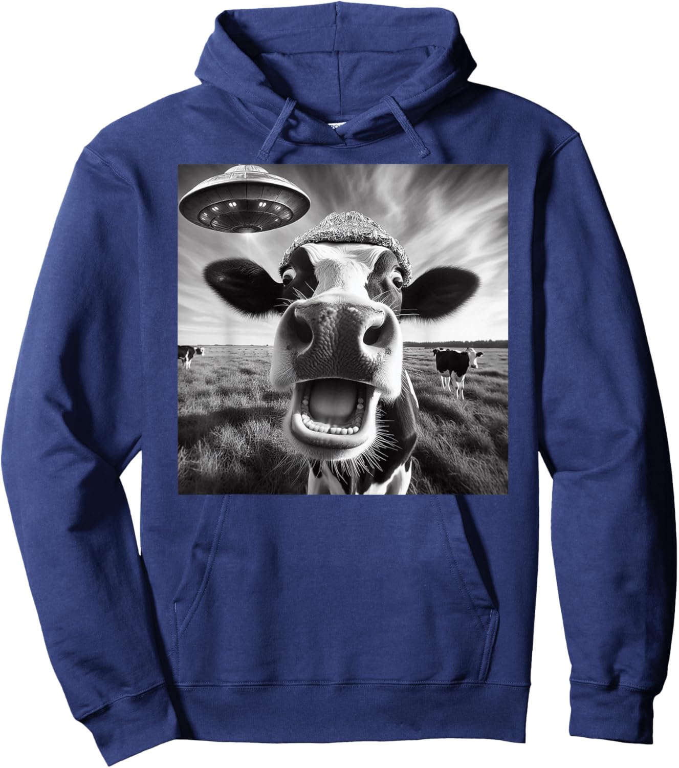 Alien Cow Selfie - UFO Encounter Funny Cattle Farm Meme Hoodie - Hoodie | Navy