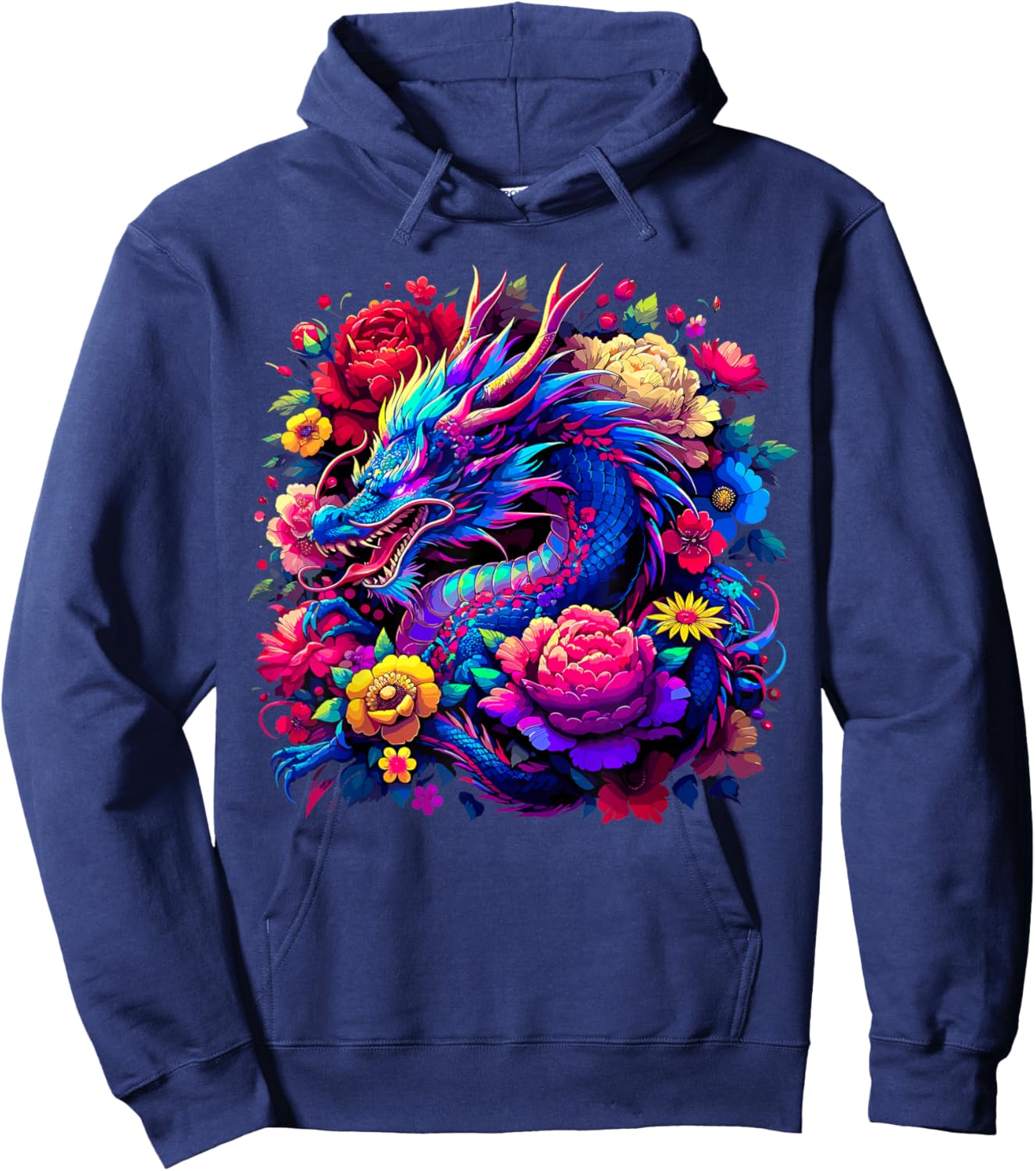 Dragon Flowers Beautiful Art Colorful Hoodie - Hoodie | Navy