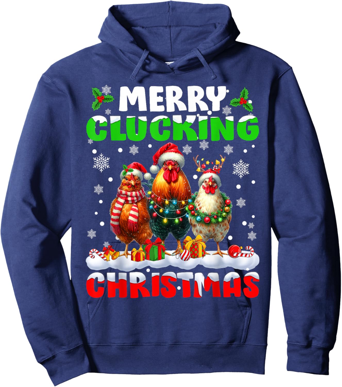 Merry Clucking Christmas Funny Chicken Santa Hat Xmas Pajama Hoodie - Hoodie | Navy