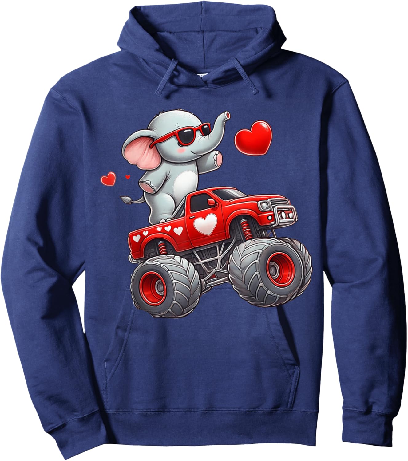 Valentines Day Elephant Riding Monster Truck Cute Boys Girls Hoodie - Hoodie | Navy