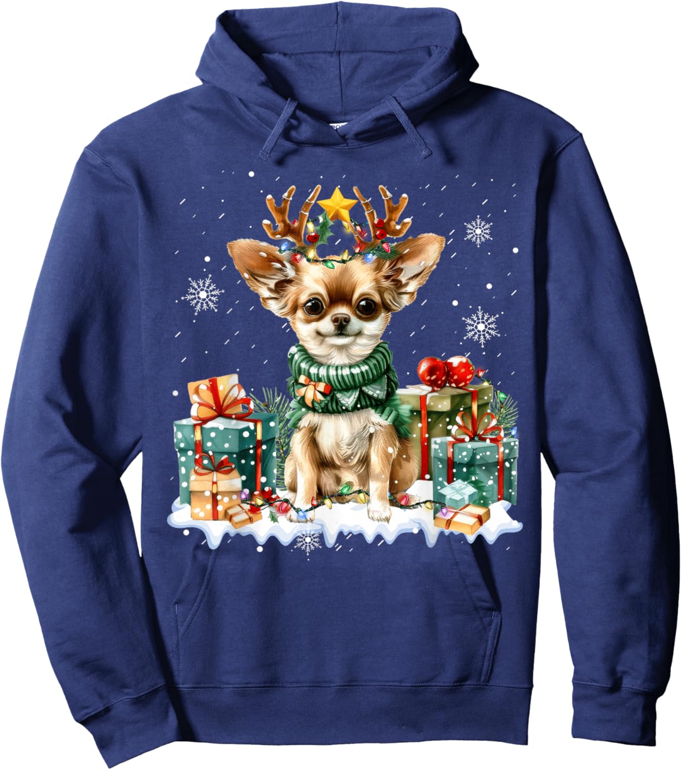Reindeer Dog Christmas Lights Chihuahua Santa Hat Xmas Funny Hoodie - Hoodie | Navy