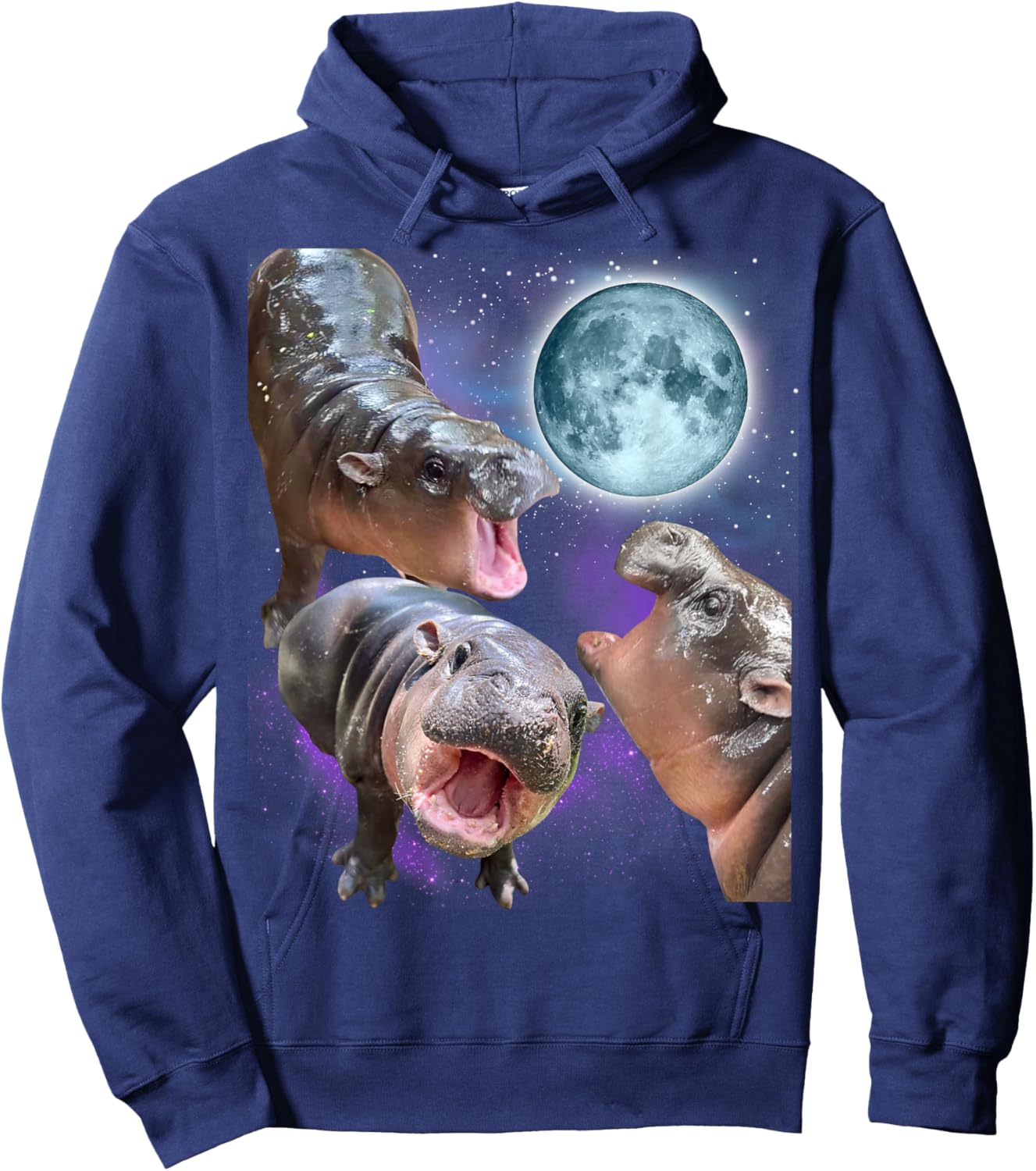 Moo-Deng 3 Hippos Moon Howling Hippo Head Cute Baby Hippo Hoodie - Hoodie | Navy