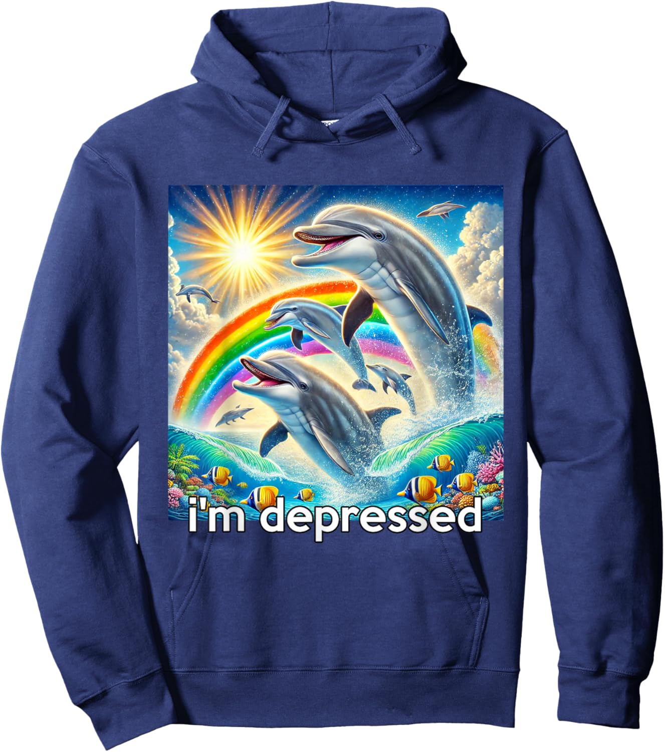 Rainbow Dolphin Men Hopecore Meme, Depressed Hoodie - Hoodie | Navy