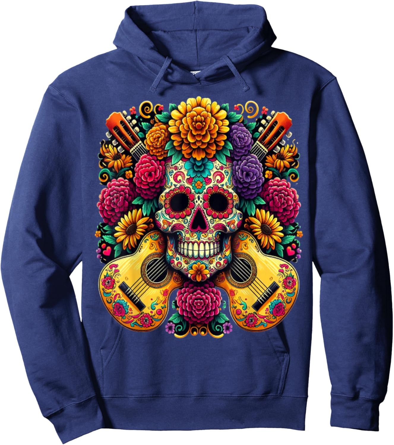 Flower Guitar Skull Day of the Dead Gifts Mariachi Hoodie - Hoodie | Navy