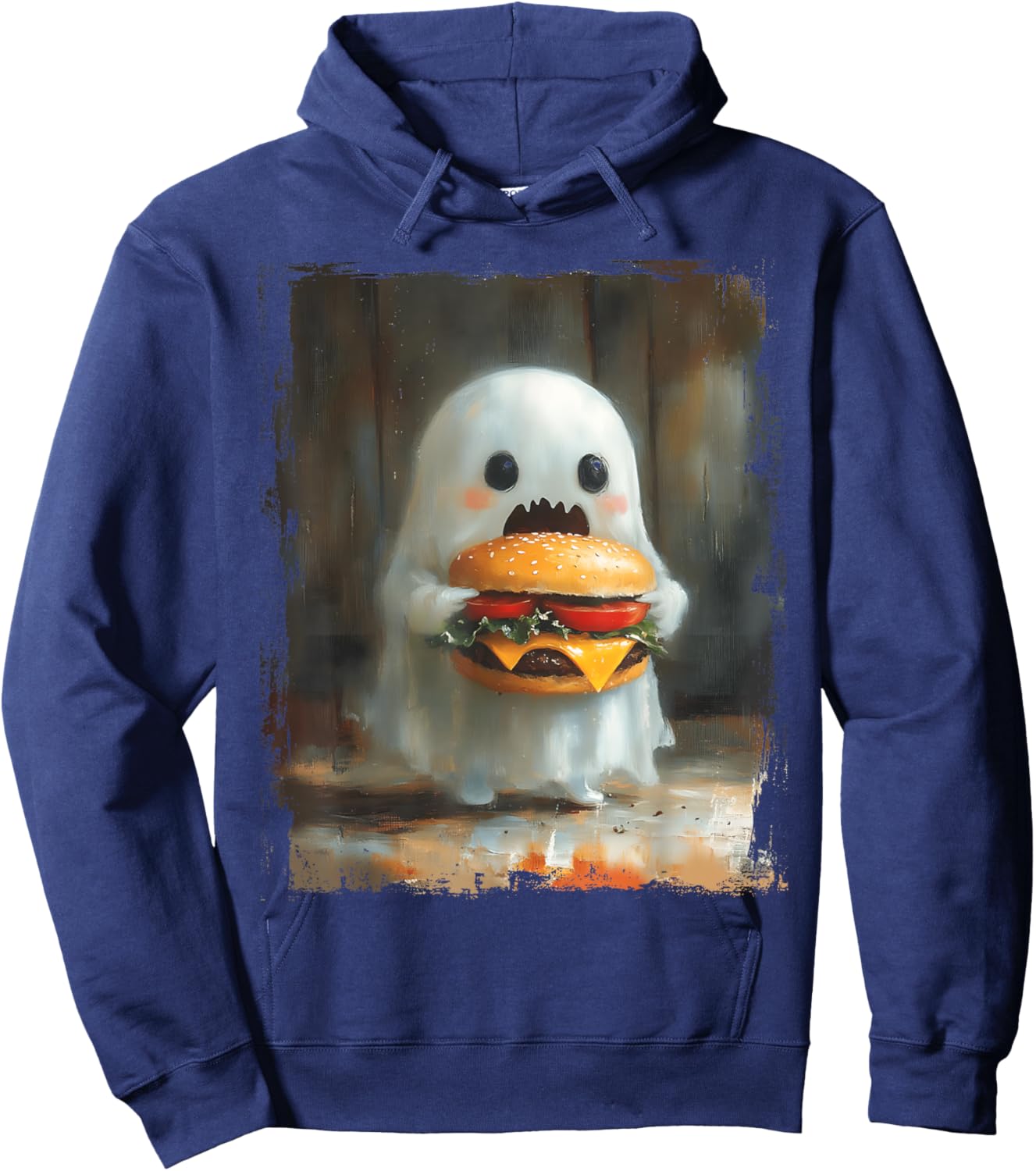 Cute Hamburger Ghost Eating Burger Halloween Food Lovers Hoodie - Hoodie | Navy