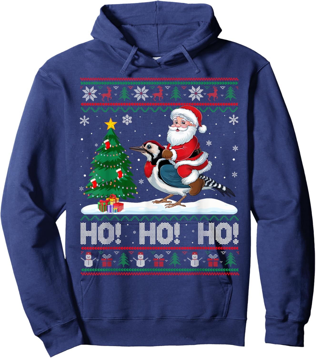 Xmas Tree Lighting Santa Riding Woodpecker Christmas Hoodie - Hoodie | Navy