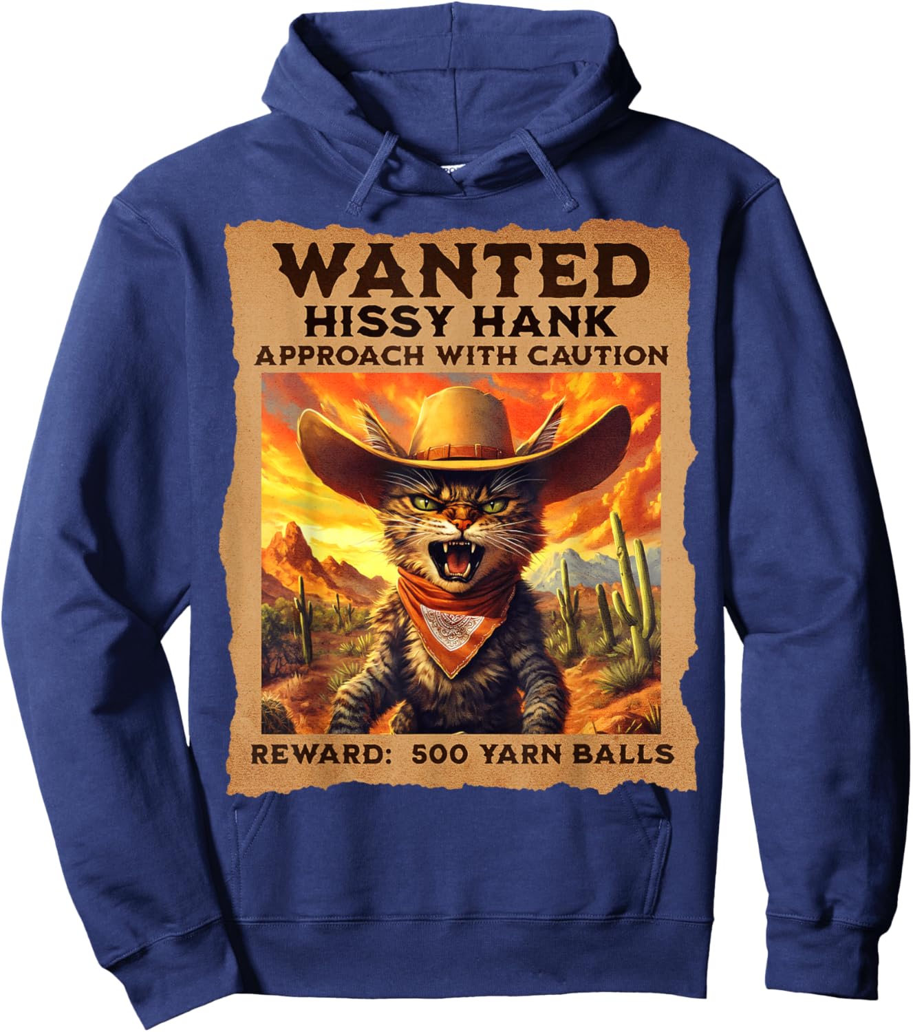 'Wanted: Hissy Hank' Funny Cowboy Cat Western - -Adults and Kids - Black - Small - Short Sleeve Hoodie - Hoodie | Navy