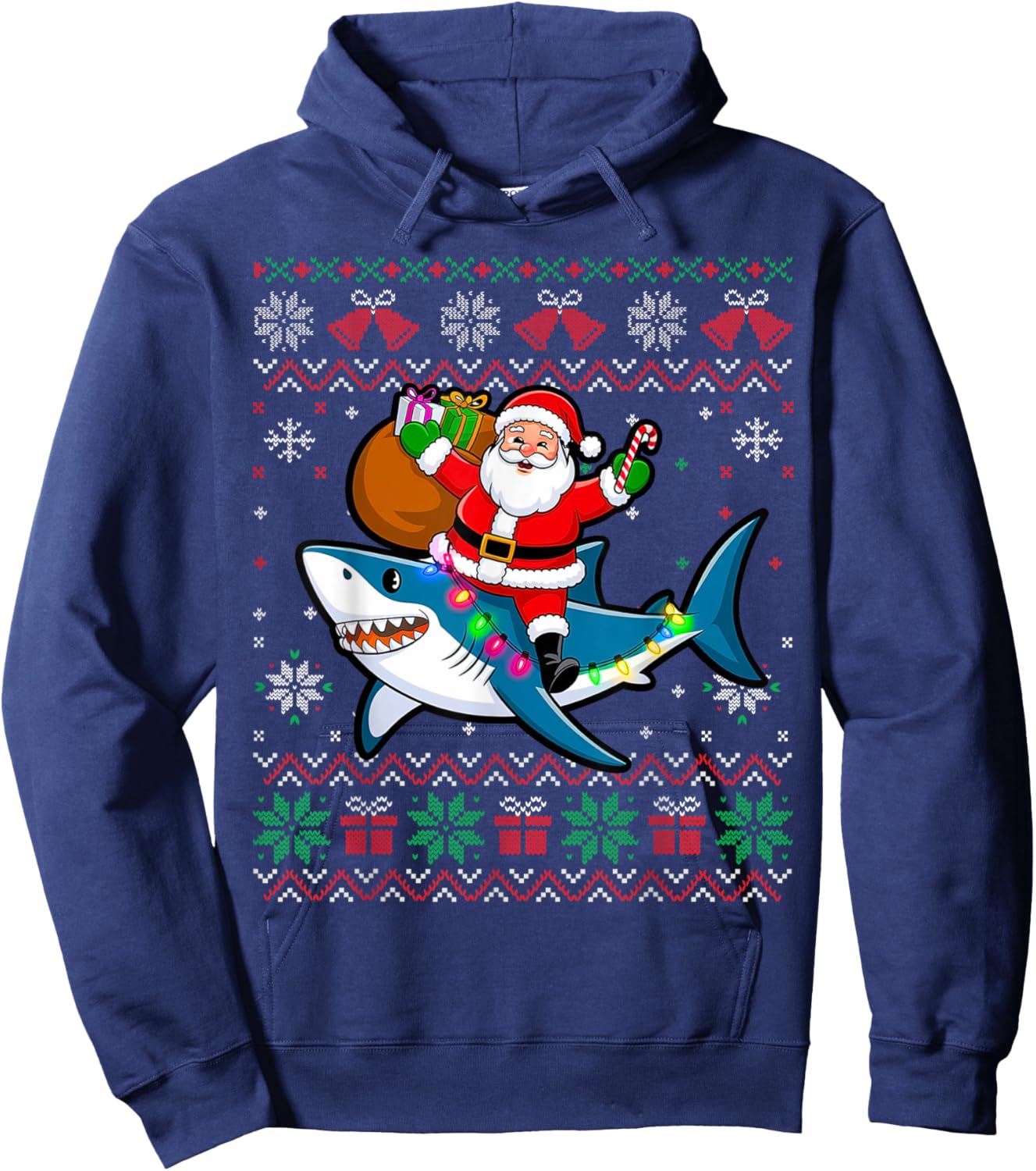 Funny Ugly Christmas Santa Riding Shark Holiday Gifts Hoodie - Hoodie | Navy