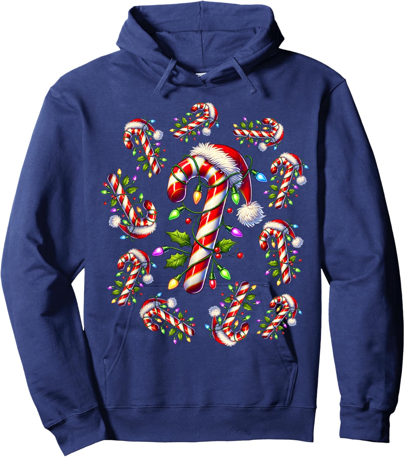 Red and White Candy Cane Santa Christmas Funny Xmas Lights Hoodie - Hoodie | Navy