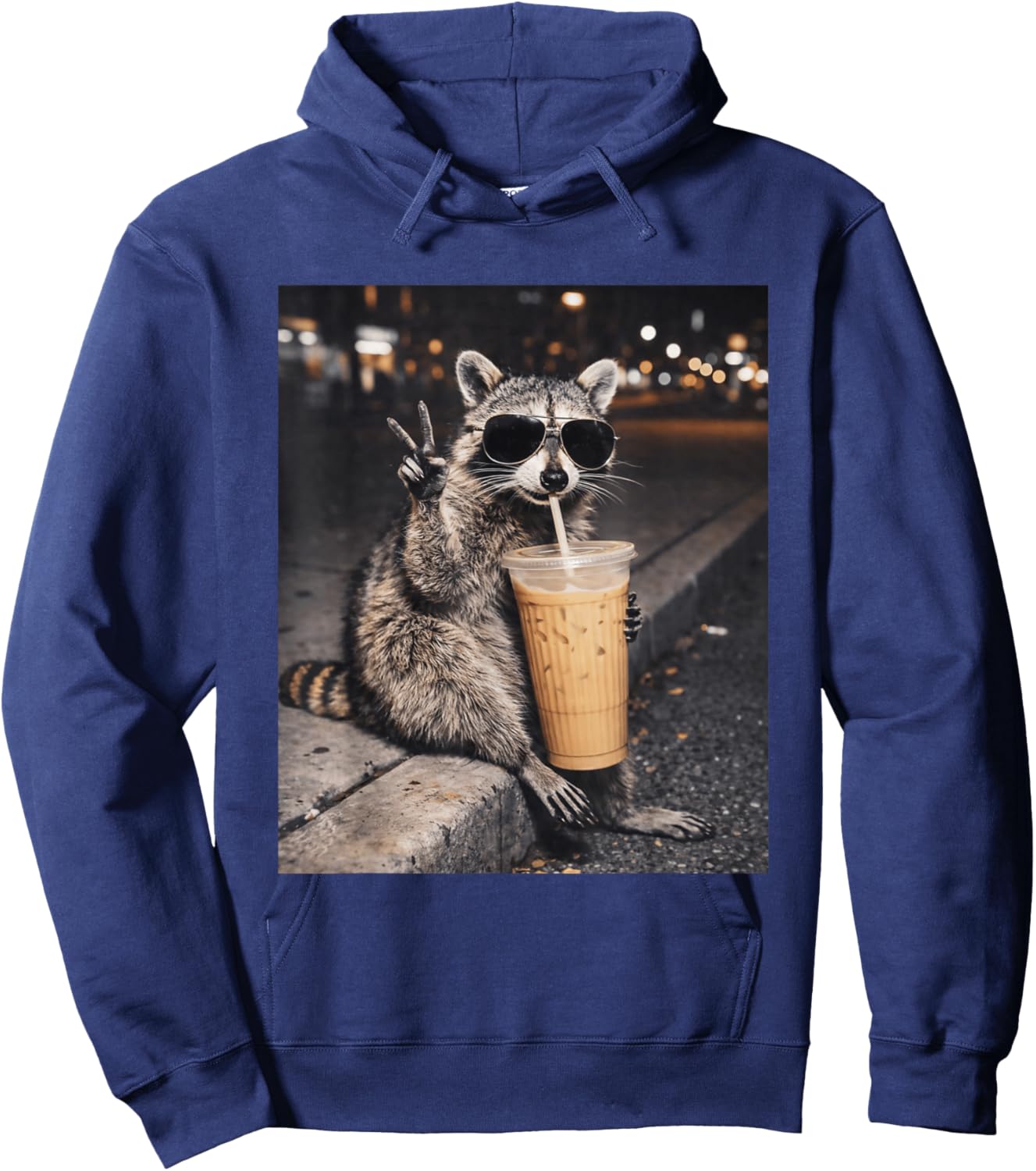 Raccoon Drinking Iced Coffee Funny Animal Meme T-Shirt - Hoodie | Navy