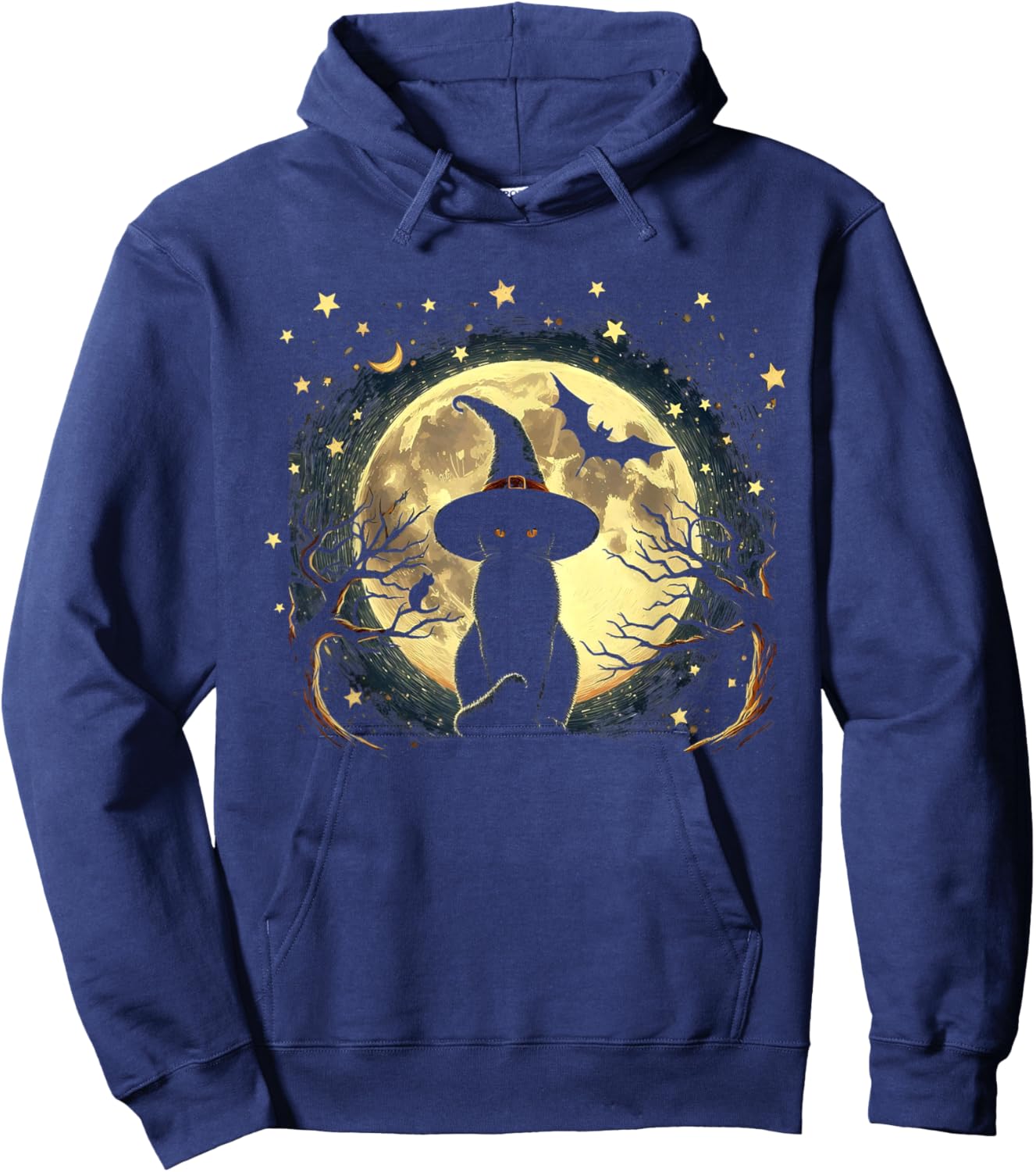 Vintage Scary halloween black cat Van gogh Starry Night Moon Hoodie - Hoodie | Navy