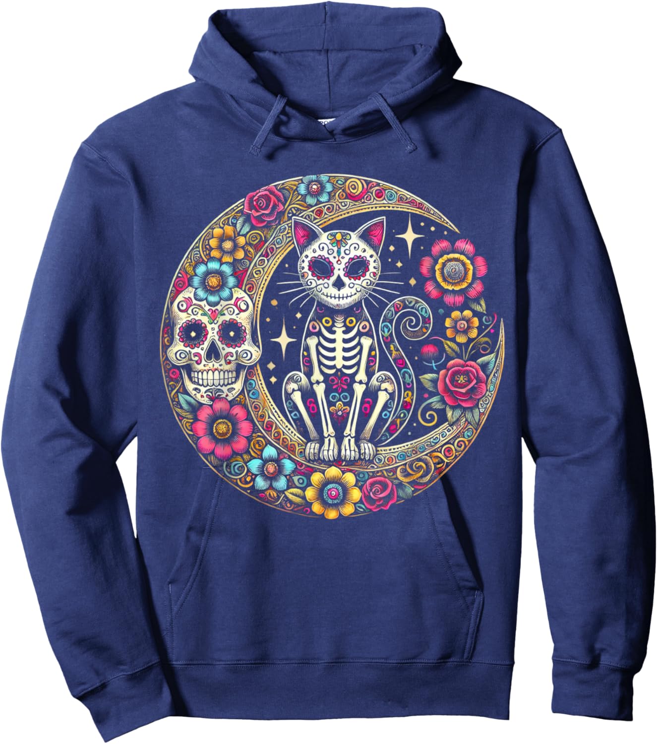 Cat Moon Dia De Los Muertos Day Of The Dead Sugar Skull Hoodie - Hoodie | Navy