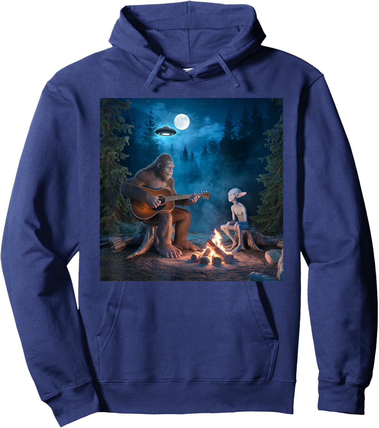 Bigfoot Alien Sasquatch Campfire UFO Music Night Scene Hoodie - Hoodie | Navy
