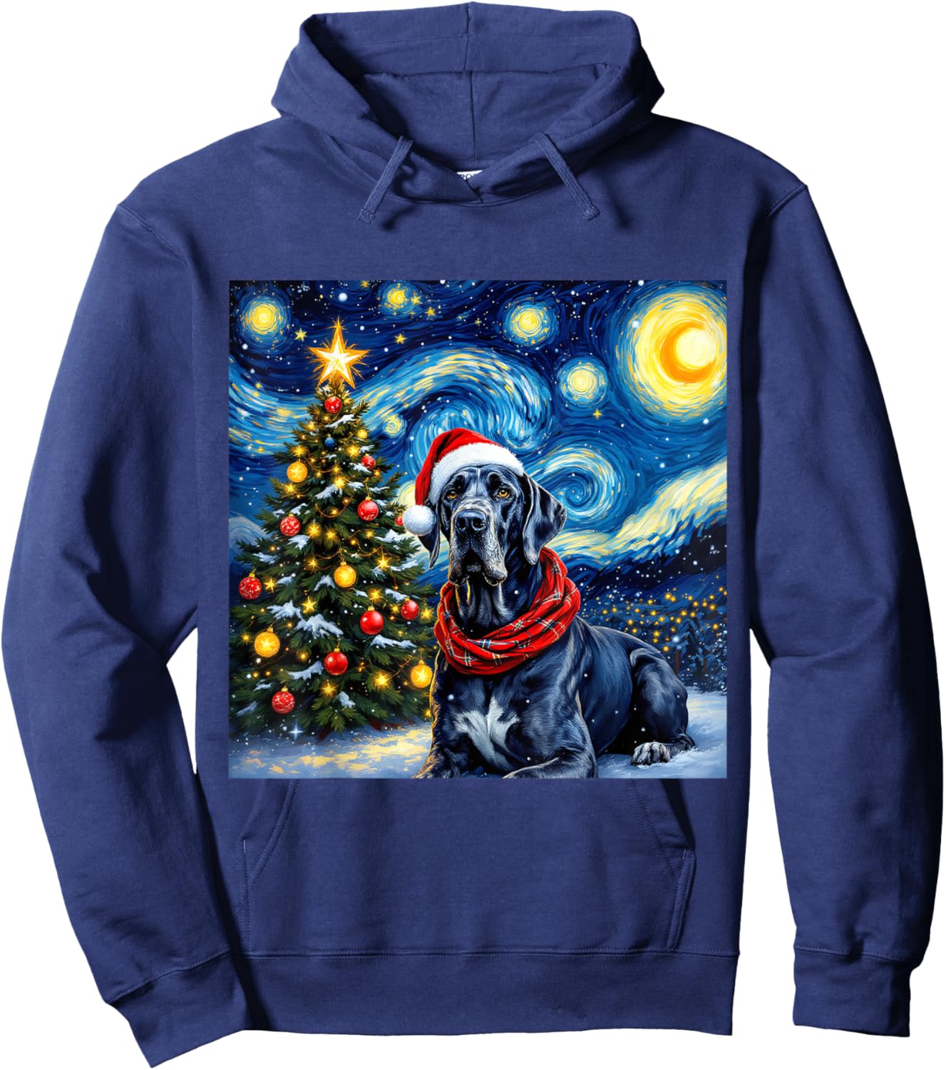 Great Dane Starry Night Christmas Van Gogh Dog Santa Hat Hoodie - Hoodie | Navy