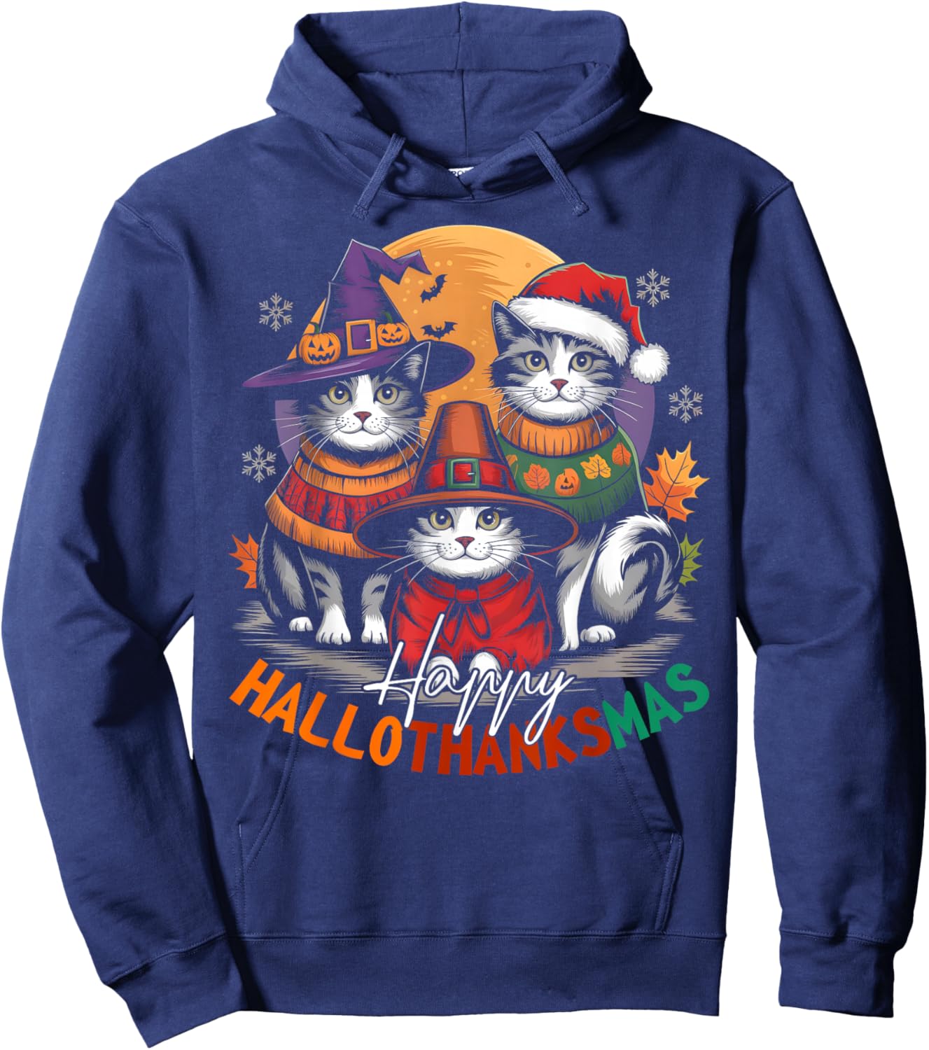 Happy HalloThanksMas Halloween, Christmas, Thanksgiving Cats Hoodie - Hoodie | Navy