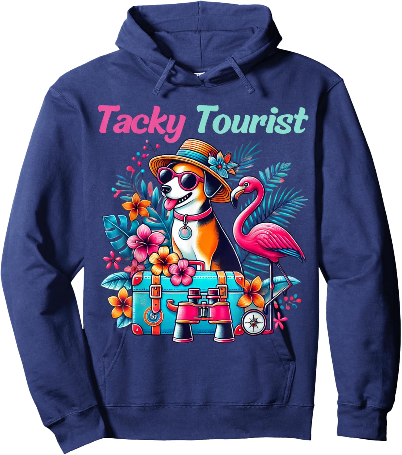 Vacation Tourist Apparel & Vintage Hawaiian Wear -Adult Tacky Tourist Outfit Wacky Cruise Costume Idea Black Cartoon Hawaiian Small Regular Fit Short Sleeve Hoodie - Hoodie | Navy