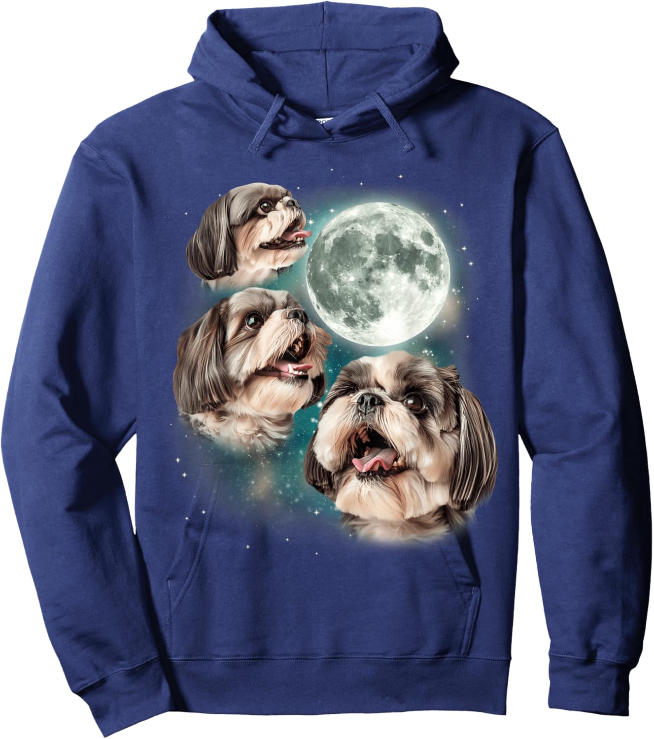 Three Shih Tzu Moon | 3 Puppies Howling Fun Dog Parody Meme Hoodie - Hoodie | Navy