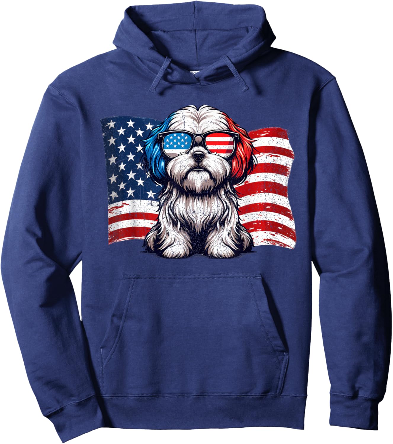 Vintage Lhasa Apso Dogs American Flag Sunglasses Patriotic Hoodie - Hoodie | Navy