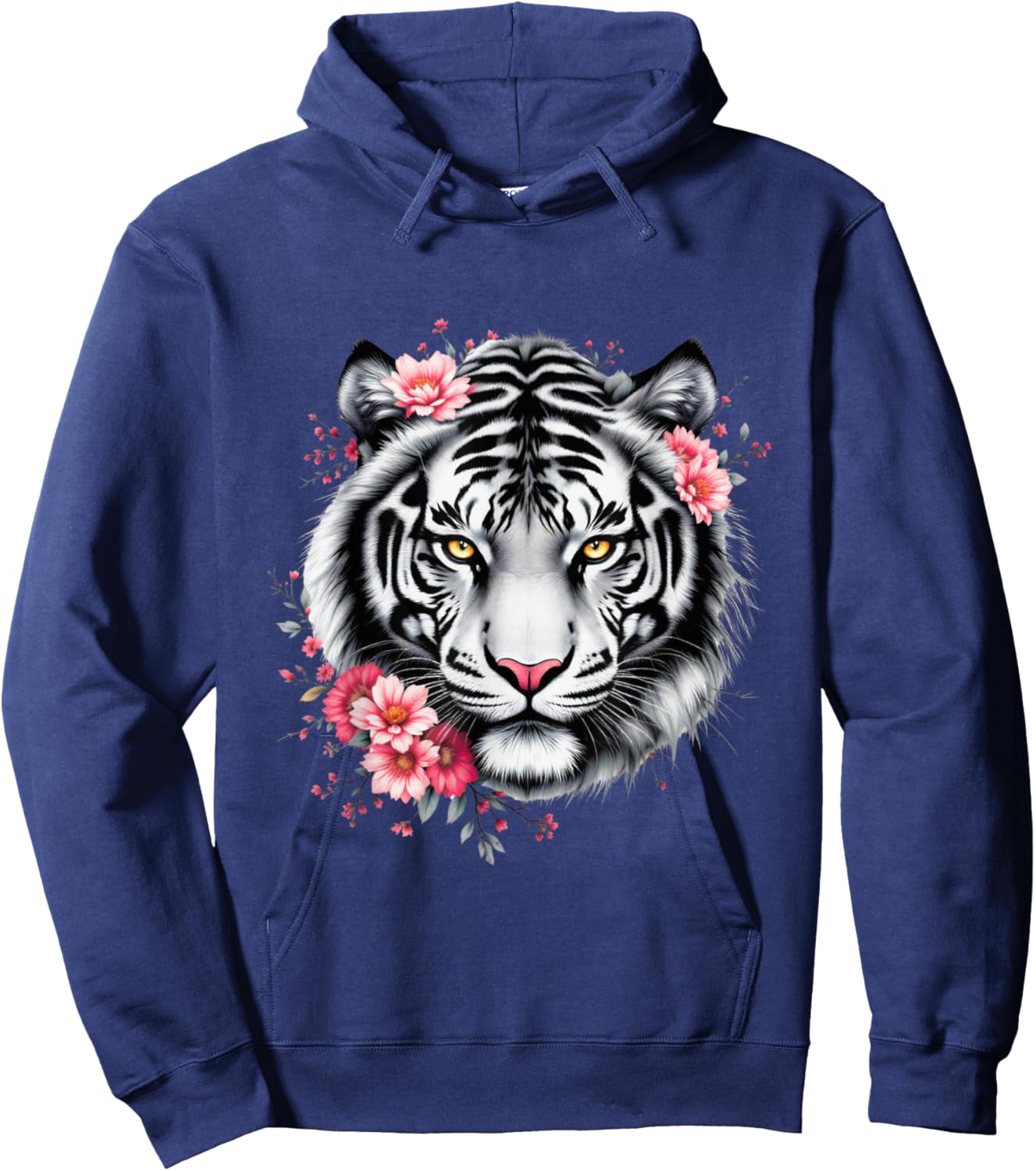 White Tiger With Flowers Graphic Hoodie - Hoodie | Navy